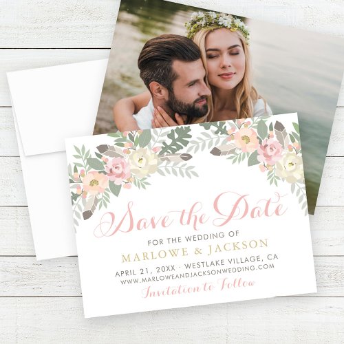 Blush Pink and Gold Floral Boho Wedding Photo Save The Date