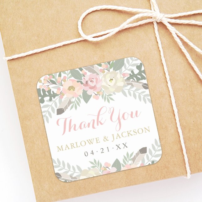 Blush Pink and Gold Floral Boho Wedding Thank You Square Sticker (Creator Uploaded)