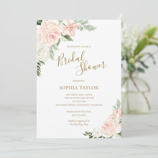 Blush Pink and Gold Floral Botanical Bridal Shower Invitation | Zazzle