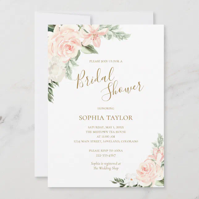 Blush Pink and Gold Floral Botanical Bridal Shower Invitation | Zazzle