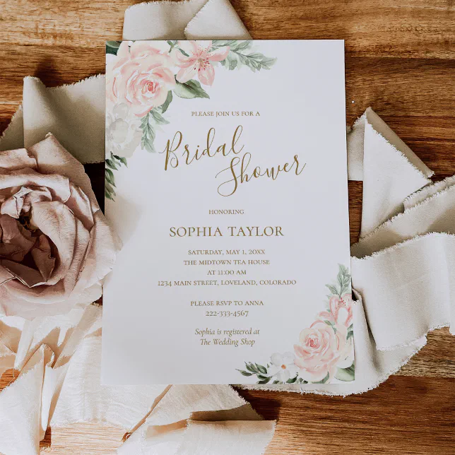 Blush Pink and Gold Floral Botanical Bridal Shower Invitation | Zazzle