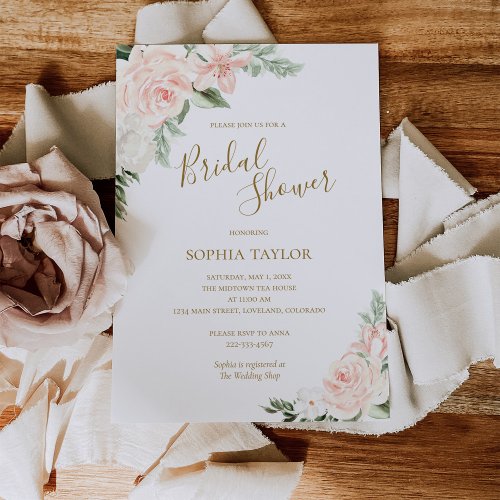 Blush Pink and Gold Floral Botanical Bridal Shower Invitation