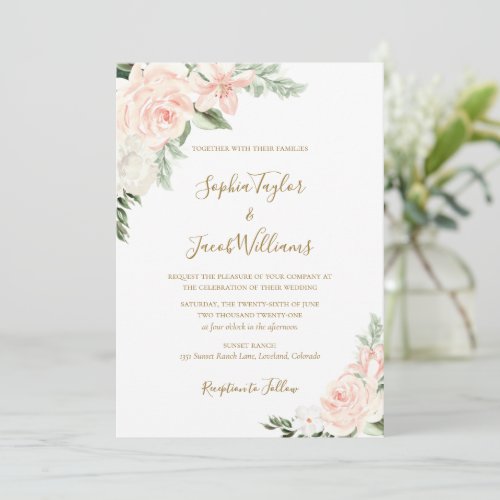 Blush Pink and Gold Floral Botanical Wedding Invitation