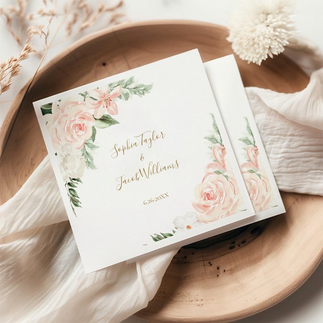 Blush Pink and Gold Floral Botanical Wedding Napkins (Creator Uploaded)