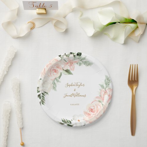 Blush Pink and Gold Floral Botanical Wedding Paper Plates