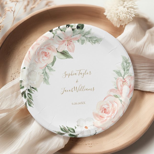 Blush Pink and Gold Floral Botanical Wedding Paper Plates (Creator Uploaded)