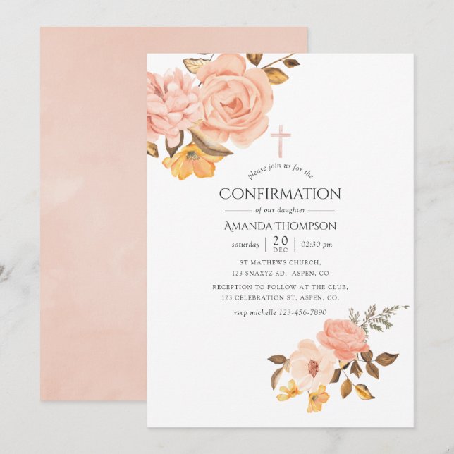 Blush Pink and Gold Floral Confirmation Invitation (Front/Back)