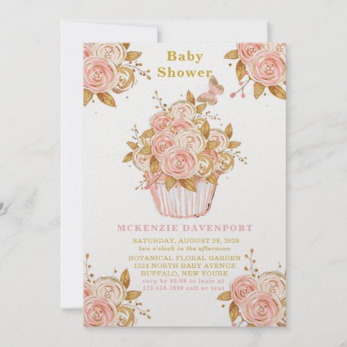 Blush Pink and Gold Floral Cupcake Baby Shower Invitation