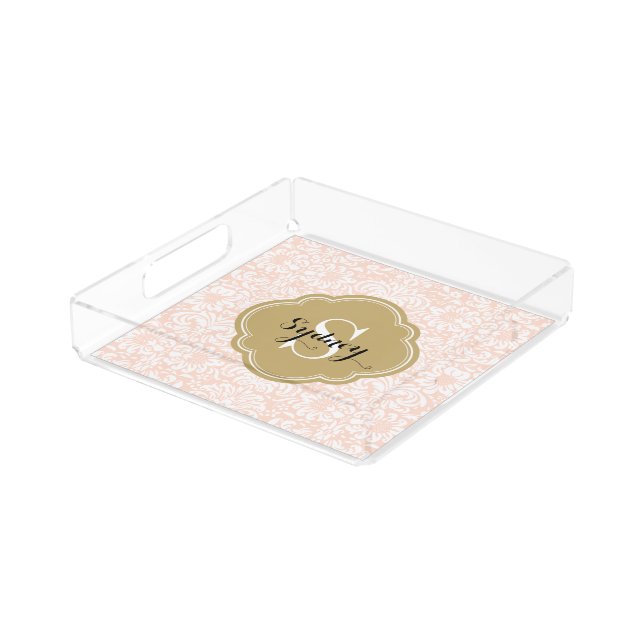 Blush Pink and Gold Floral Damask Monogram Acrylic Tray (Angled)
