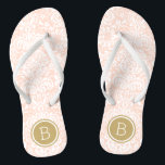Blush Pink and Gold Floral Damask Monogram Flip Flops<br><div class="desc">Custom printed flip flop sandals with a stylish elegant floral damask pattern and your custom monogram or other text in a circle frame. Click Customize It to change text fonts and colors or add your own images to create a unique one of a kind design!</div>