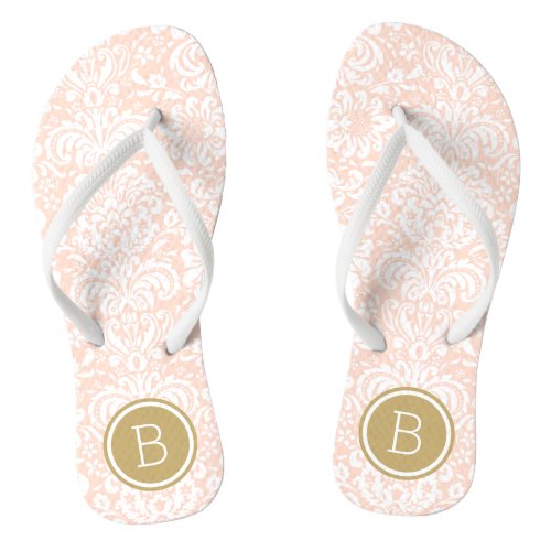 Blush Pink and Gold Floral Damask Monogram Flip Flops