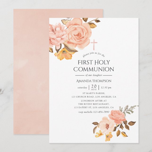 Blush Pink and Gold Floral First Holy Communion Invitation (Front/Back)