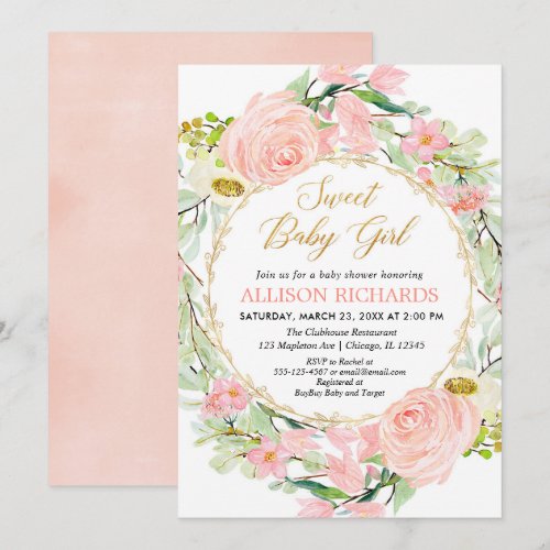 Blush pink and gold floral girl baby shower