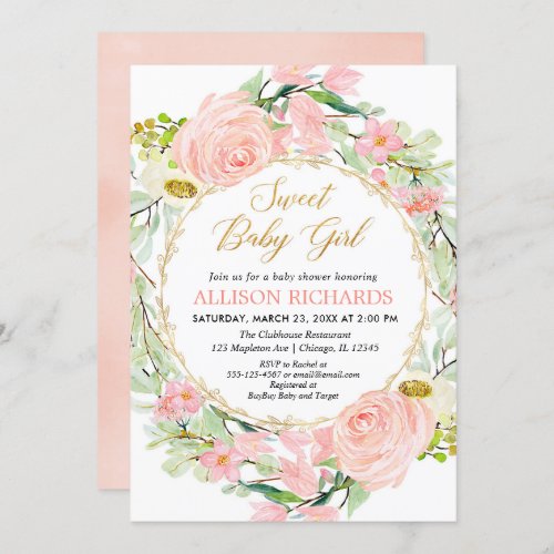 Blush pink and gold floral girl baby shower invitation