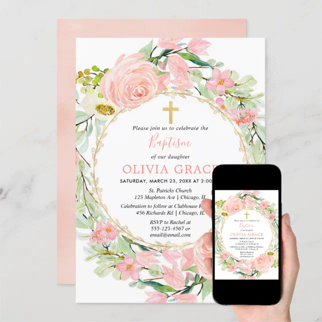 Blush pink and gold floral girl baptism invitation | Zazzle