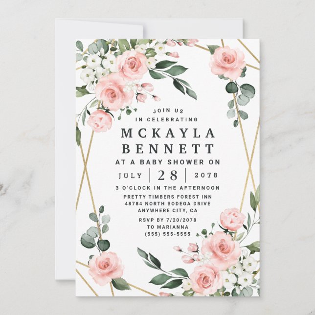 Blush Pink and Gold Floral Greenery Baby Shower Invitation (Front)
