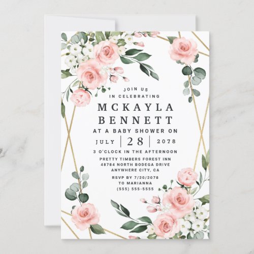 Blush Pink and Gold Floral Greenery Baby Shower Invitation