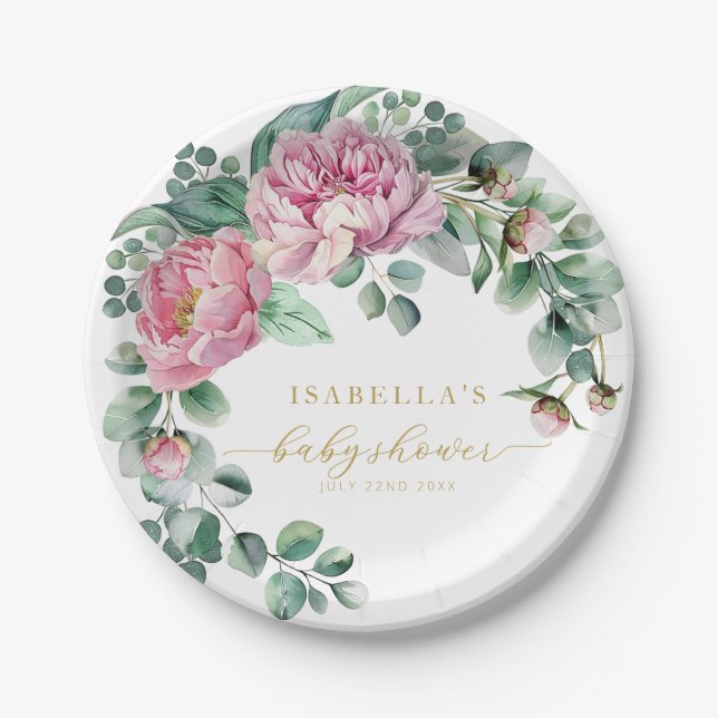 Blush Pink and Gold Floral Greenery Baby Shower Pa Paper Plates (Front)