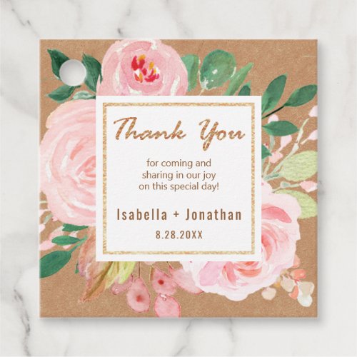Blush Pink And Gold Floral Kraft Wedding Thank You Favor Tags