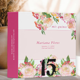 Blush Pink and Gold Floral Mis Quince Album 3 Ring Binder