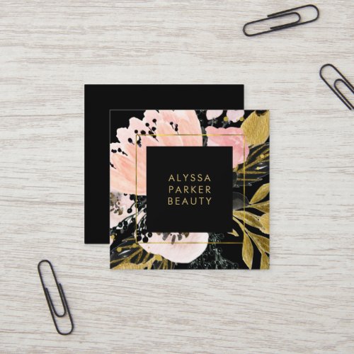 Blush Pink and Gold Floral on Black Square Business Card