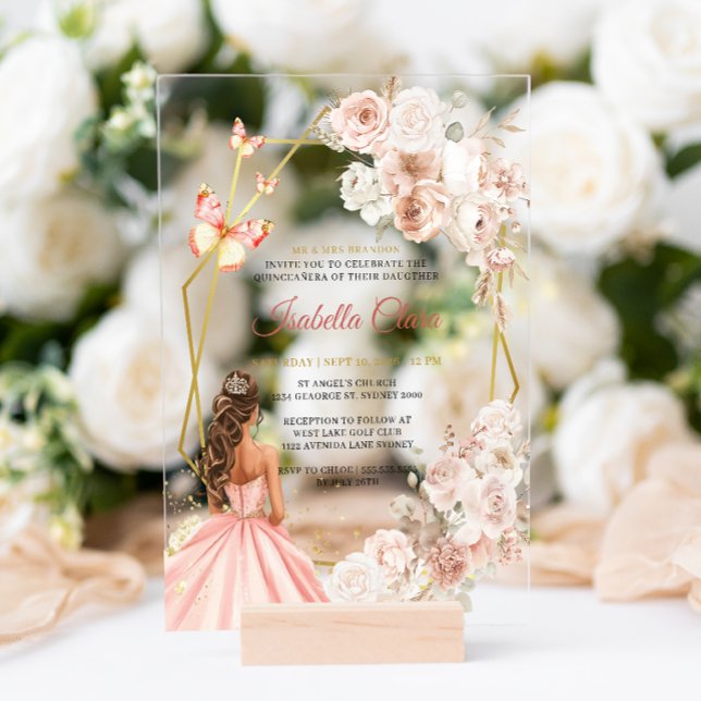 Blush Pink and Gold Floral Princess Quinceanera Acrylic Invitations (Creator Uploaded)