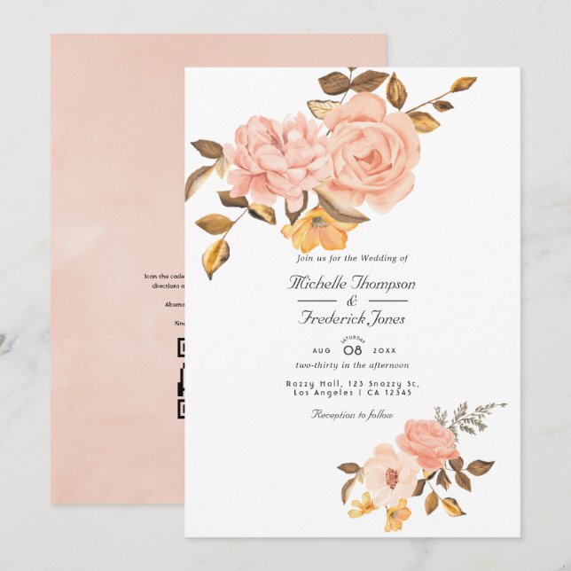 Blush Pink and Gold Floral QR Code RSVP Wedding Invitation (Front/Back)