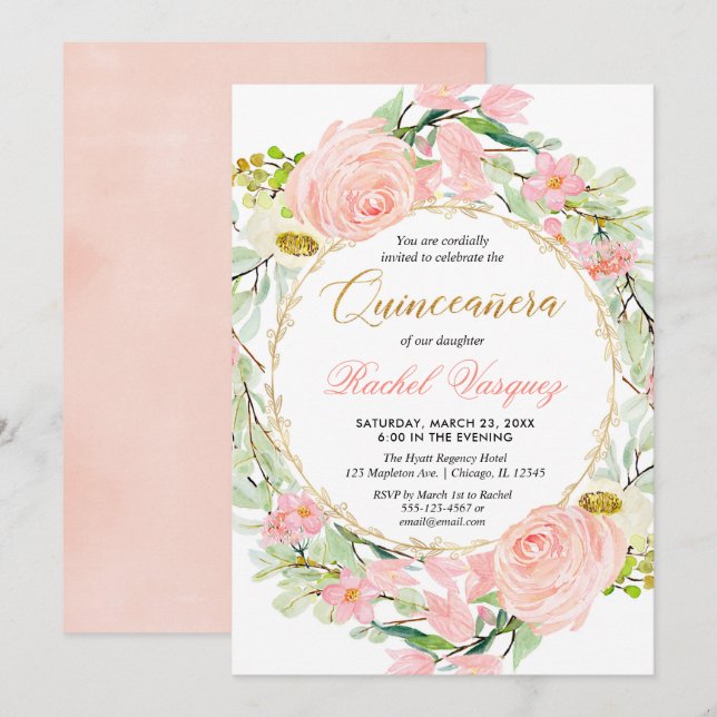 Blush pink and gold floral Quinceanera Invitation (Front/Back)