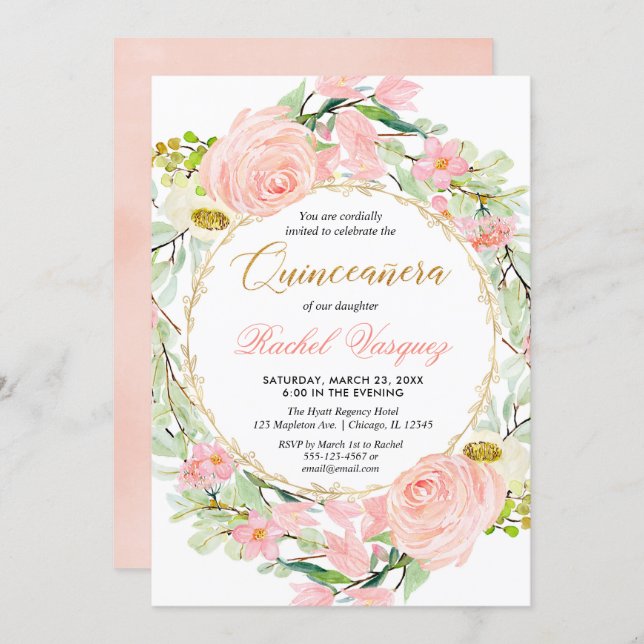 Blush pink and gold floral Quinceanera Invitation (Front/Back)