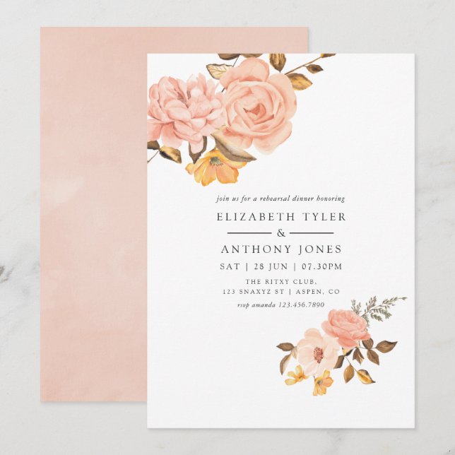 Blush Pink and Gold Floral Rehearsal Dinner Invitation (Front/Back)
