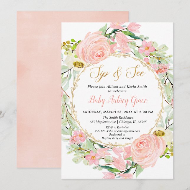 Blush pink and gold floral Sip and See Invitation (Front/Back)