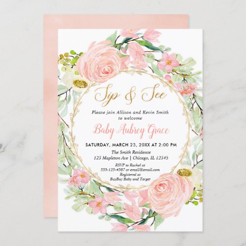 Blush pink and gold floral Sip and See Invitation