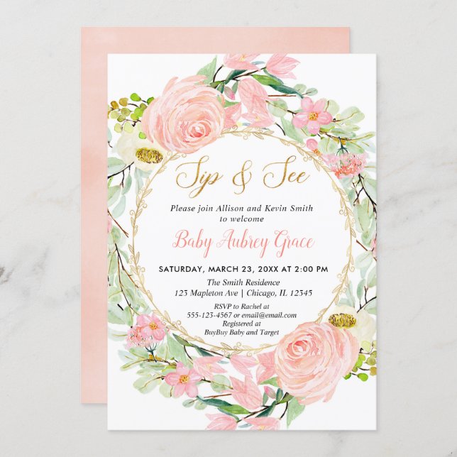 Blush pink and gold floral Sip and See Invitation (Front/Back)
