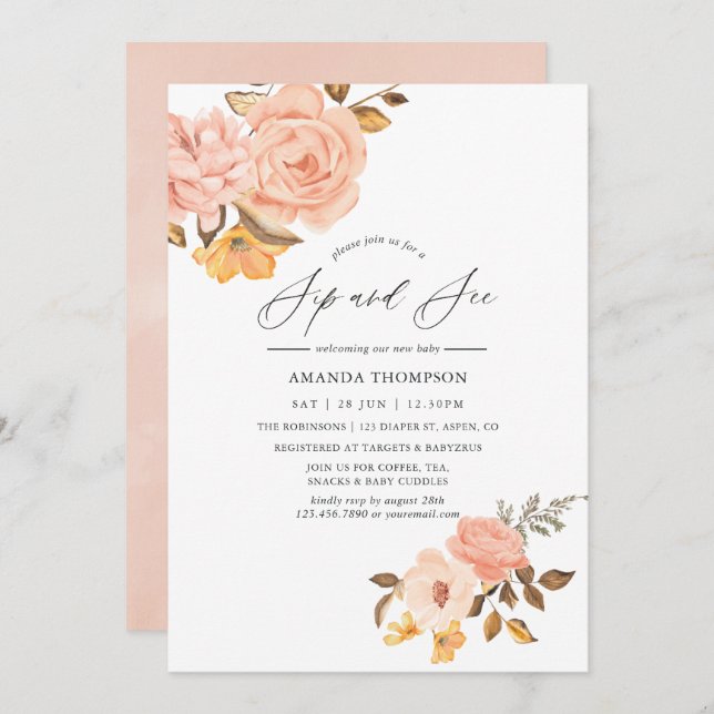 Blush Pink and Gold Floral Sip and See Party Invitation (Front/Back)