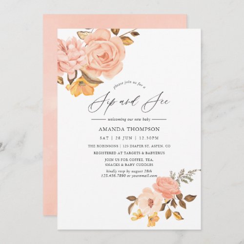 Blush Pink and Gold Floral Sip and See Party Invitation