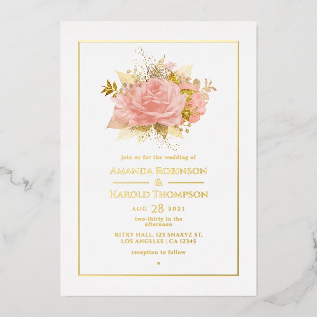 Blush Pink and Gold Floral Wedding Foil Invitation (Front)