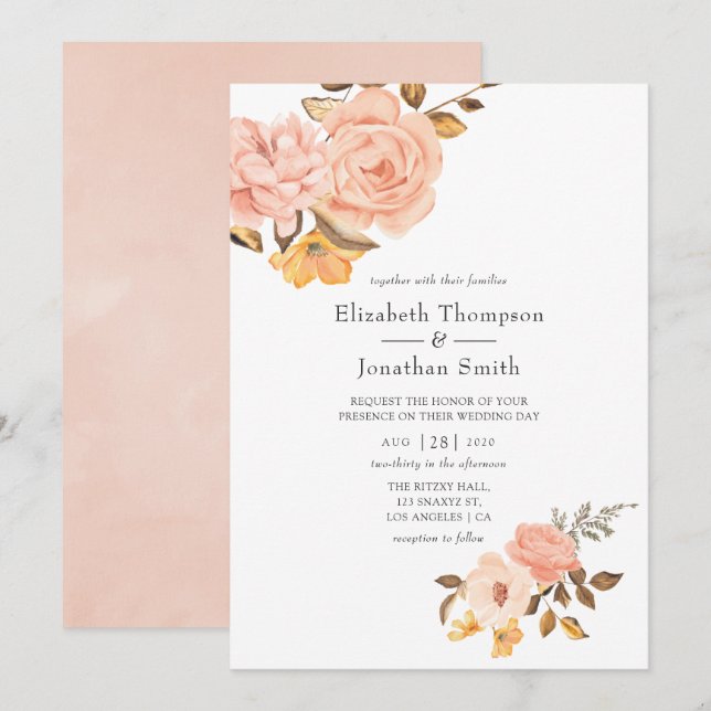 Blush Pink and Gold Floral Wedding Invitation (Front/Back)