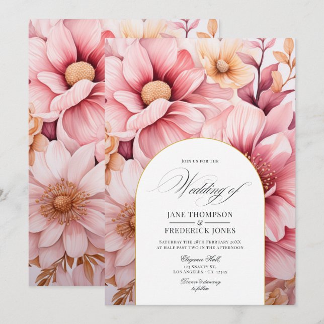 Blush Pink and Gold Floral Wedding Invitation (Front/Back)