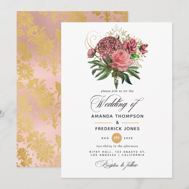  Blush Pink and Gold Floral Wedding Invitation (Front/Back)