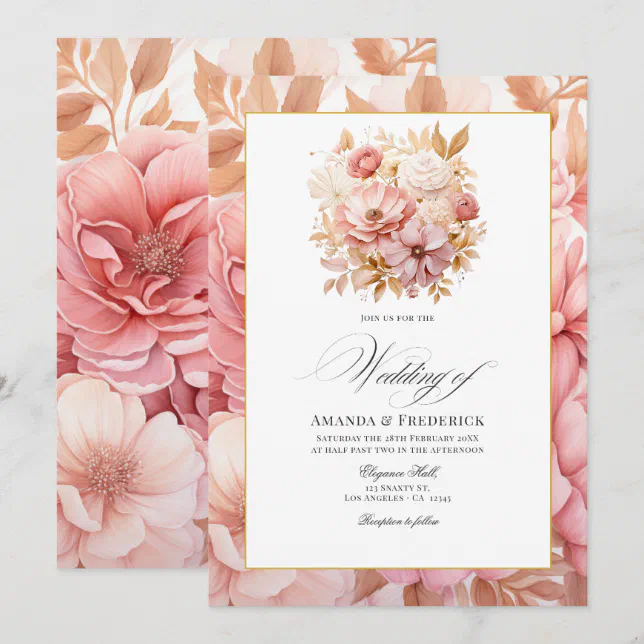 Blush Pink and Gold Floral Wedding Invitation | Zazzle