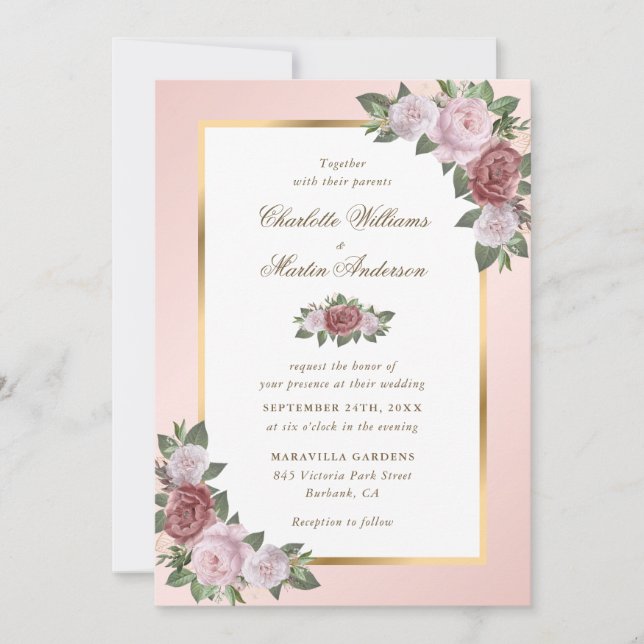 Blush Pink and Gold Floral Wedding Invitations (Front)