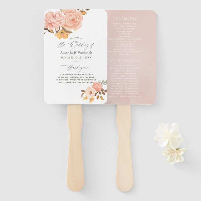 Blush Pink and Gold Floral Wedding Program Hand Fan (Front and Back)