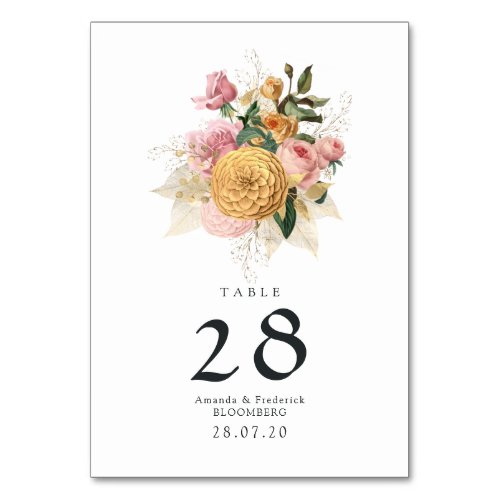  Blush Pink and Gold Floral Wedding Table Number