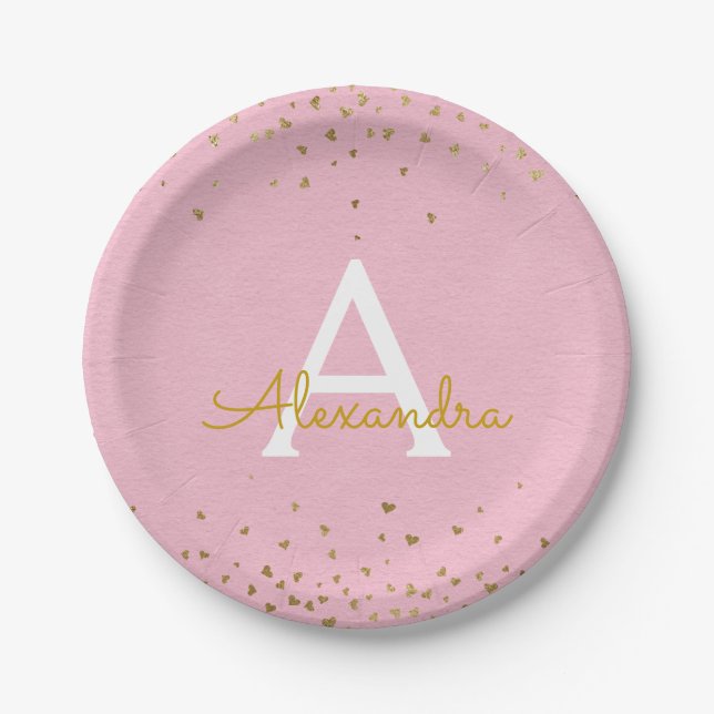Blush Pink and Gold Foil Confetti Monogram Paper Plates (Front)