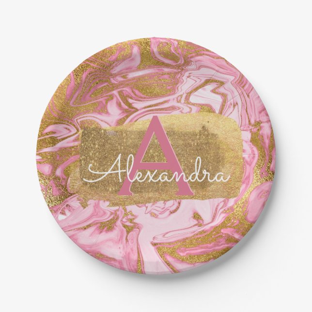 Blush Pink and Gold Foil Elegant Marble Birthday Paper Plates (Front)