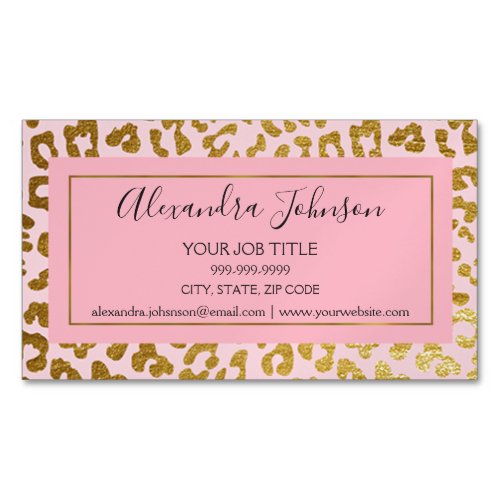 Blush Pink and Gold Foil Leopard Animal Print Business Card Magnet