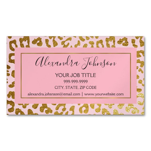 Blush Pink and Gold Foil Leopard Animal Print Business Card Magnet (Front)