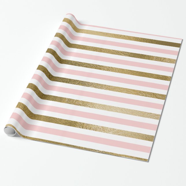 Blush Pink and Gold Foil Stripe Birthday Party Wrapping Paper (Unrolled)