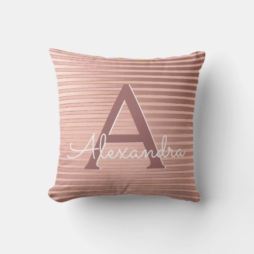 Blush Pink and Gold Foil Stripe Monogram Name Throw Pillow