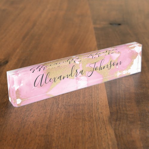 Blush Pink and Gold Foil Wash Girly Desk Name Plate
